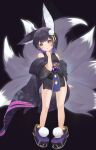  1girl absurdres aged_down animal_ears animal_print arm_behind_back azur_lane bare_legs bare_shoulders barefoot black_hair black_kimono blush butterfly_print facepaint fox_ears fox_girl fox_tail full_body gem hand_up head_tilt hhooaann highres japanese_clothes kimono kitsune large_ears legs_apart looking_at_viewer medium_hair multicolored_hair multiple_tails musashi_(azur_lane) off_shoulder oversized_clothes parted_lips pom_pom_(clothes) purple_gemstone purple_hair sandals short_hair short_kimono solo standing staring tail two-tone_hair wide_sleeves yellow_eyes 