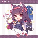  1girl :d animal animal_ear_fluff animal_ears bell black_cat black_dress black_hair bow cat chibi cloud commentary_request copyright_request crescent_moon cup dotted_line dress flower frilled_dress frills full_body hair_ornament hairband hairclip hitsuki_rei holding holding_cup jingle_bell long_hair looking_at_viewer mini_wings moon neck_bell night night_sky pantyhose puffy_short_sleeves puffy_sleeves red_bow red_eyes red_flower red_hairband red_rose red_wings rose short_sleeves sky smile solo sparkle striped striped_background tail teacup teapot vertical_stripes very_long_hair virtual_youtuber white_cat white_pantyhose window wings wrist_cuffs 
