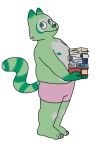  4_toes alpha_channel anthro book bottomwear carrying clothing digital_media_(artwork) feet fred_(fredrick_brennan) fur green_body green_fur hi_res holding_object looking_at_viewer male mammal mouth_closed nipples overweight overweight_anthro overweight_male pocketfurry procyonid raccoon shorts side_view solo standing toes 