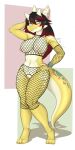  anthro areola blue_eyes bracelet breasts clothing curvy_figure errathimal_(zettra_thorn) female fishnet fishnet_clothing fishnet_legwear fishnet_topwear fraydragon hair hi_res horn jewelry kobold legwear markings multicolored_body multicolored_hair nipples non-mammal_breasts non-mammal_nipples nude reptile scales scalie solo thick_tail topwear two_tone_body two_tone_hair voluptuous yellow_body yellow_scales 