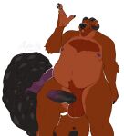  anthro balls black_horn black_nose black_penis brown_balls brown_body brown_eyes brown_fur brown_sheath erection fur genitals glistening glistening_eyes hi_res horn looking_at_viewer male multicolored_penis narrowed_eyes nipples nude orange_body orange_fur overweight overweight_anthro overweight_male penis pupbii purple_nipples purple_penis signature simple_background solo species_request standing two_tone_penis white_background 