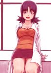  1girl :d bangs breasts commentary_request half-closed_eyes kamisuki labcoat large_breasts long_sleeves looking_at_viewer philena_ivy pokemon pokemon_(anime) pokemon_(classic_anime) purple_hair shirt short_hair simple_background sitting skirt smile solo thighs 