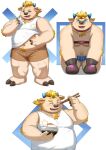  2022 aipangpangdeyua anthro babe_bunyan belly big_belly bottomwear bovid bovine bulge cattle clothing eating eyes_closed facial_piercing food hi_res kemono lifewonders male mammal moobs multiple_poses nose_piercing nose_ring overweight overweight_male piercing pose ring_piercing shirt shorts solo tokyo_afterschool_summoners topwear underwear video_games 