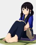  1girl absurdres bangs barefoot black_hair blue_kimono closed_mouth commentary commentary_request feet highres inoue_takina japanese_clothes kimono long_hair looking_at_viewer lycoris_recoil purple_eyes redrawn simple_background sitting solo tatami tbear toenails toes white_background 