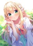  1girl blonde_hair blush breasts cleavage commission dress flower green_eyes hair_flower hair_ornament highres kisukekun long_hair looking_at_viewer open_mouth original outdoors pointy_ears ribbon skeb_commission solo white_dress 