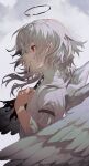  1girl absurdres angel angel_wings bangs cloud facing_to_the_side feathered_wings grey_hair hair_between_eyes halo hand_on_own_chest highres iwai_ku_tsuki medium_hair original red_eyes shirt solo white_shirt wings 