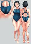 1girl adjusting_clothes adjusting_swimsuit asics ass back back_focus black_eyes black_hair blue_one-piece_swimsuit commentary_request competition_swimsuit cowboy_shot from_behind grey_background highres looking_at_viewer multiple_views one-piece_swimsuit original short_hair simple_background standing swimsuit wakana_hanabi wet wet_clothes wet_swimsuit wide_hips 