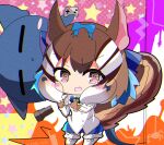 1girl animal_costume animal_ear_fluff animal_ears bow bowtie brown_eyes brown_hair chipmunk_costume chipmunk_ears chipmunk_girl chipmunk_tail extra_ears gloves hamingway777 highres kemono_friends kemono_friends_v_project kneehighs microphone multicolored_hair open_mouth ribbon scarf shirt short_hair shorts siberian_chipmunk_(kemono_friends) socks tail vest virtual_youtuber white_hair 