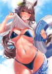  1girl animal_ears bangs bikini blue_bikini blush breasts brown_eyes brown_hair cleavage ear_ornament ear_ribbon highres horse_ears horse_girl horse_tail kawai_(purplrpouni) large_breasts long_hair looking_at_viewer navel open_mouth satono_diamond_(umamusume) solo swimsuit tail thighs umamusume 