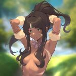  1girl absurdres adjusting_hair armpits arms_behind_head bangs blurry blurry_background body_markings breasts brown_eyes brown_hair closed_mouth day forehead_jewel fur_trim hair_over_breasts highres jewelry keoboogie league_of_legends long_hair looking_at_viewer medium_breasts mouth_hold necklace nidalee outdoors solo tooth_necklace topless upper_body 
