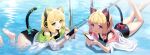  2girls :d absurdres animal_ear_headphones animal_ear_headwear animal_ears ass bada_(jksh5056) bangs bare_legs bare_shoulders barefoot black_one-piece_swimsuit blonde_hair blue_archive blue_bow blush bow breasts day fake_animal_ears green_eyes green_sailor_collar hair_bow halo highres holding incredibly_absurdres long_hair long_sleeves looking_at_viewer lying midori_(blue_archive) momoi_(blue_archive) multiple_girls nintendo_switch on_stomach one-piece_swimsuit open_clothes open_mouth open_shirt outdoors pink_sailor_collar purple_eyes red_bow sailor_collar shirt short_sleeves siblings sidelocks sisters small_breasts smile soles swimsuit swimsuit_under_clothes tail tears twins water white_shirt 
