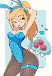  1girl absurdres animal_ears armpits arms_up artist_name bangs blonde_hair blue_bow blue_bowtie blue_leotard bow bowtie breasts cleavage covered_navel cremanata detached_collar fake_animal_ears fake_tail hair_between_eyes heart highres leotard looking_to_the_side metroid mole mole_under_mouth mouth_hold nintendo pantyhose playboy_bunny ponytail rabbit_ears rabbit_tail samus_aran solo standing strapless strapless_leotard tail thigh_strap 