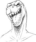  anthro black_and_white bust_portrait dinosaur front_view imperatorcaesar looking_at_viewer male monochrome narrowed_eyes open_mouth open_smile portrait reptile scalie sharp_teeth simple_background smile solo teeth tongue unsigned 