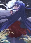  1girl absurdres alternate_costume blue_eyes blush fate/extra fate/extra_ccc fate/grand_order fate_(series) hair_ornament highres japanese_clothes kake_udon long_hair long_sleeves looking_at_viewer meltryllis_(fate) miko moon night purple_hair ribbon skirt sleeves_past_fingers sleeves_past_wrists thighhighs 
