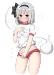  ! 1girl bangs bloomers blue_eyes blue_panties blush bob_cut breasts clothes_pull commentary_request dot_nose ghost hand_on_own_chest highres hitodama konpaku_youmu konpaku_youmu_(ghost) legs medium_breasts name_tag open_mouth panties shirt short_hair short_sleeves simple_background solo sweatdrop thighs tied_shirt touhou underwear white_background white_bloomers white_hair white_sleeves youmu-kun 