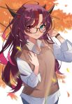  1girl autumn_leaves blue_eyes blue_pants blush branch brown-framed_eyewear closed_mouth collared_shirt commentary_request dress_shirt glasses gukurosawa01 hands_up heterochromia highres hololive hololive_english horns irys_(hololive) long_hair long_sleeves looking_at_viewer multicolored_hair multiple_horns nail_polish pants purple_eyes purple_hair purple_nails red_hair shirt simple_background smile solo streaked_hair sweater_vest very_long_hair virtual_youtuber white_background white_shirt 