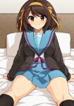  1girl bed black_cardigan black_socks blue_sailor_collar blue_skirt bob_cut brown_eyes brown_hair cardigan commentary_request feet_out_of_frame hairband haruhisky highres kita_high_school_uniform kneehighs looking_at_viewer medium_hair orange_hairband pleated_skirt red_ribbon ribbon sailor_collar school_uniform serafuku skirt socks solo suzumiya_haruhi suzumiya_haruhi_no_yuuutsu 