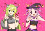  2girls alina_gray animal_ears aqua_eyes bangs black_headwear blunt_ends blush breasts cookie crop_top fake_animal_ears food green_hair hair_between_eyes hair_ornament halloween_costume hat long_hair magia_record:_mahou_shoujo_madoka_magica_gaiden mahou_shoujo_madoka_magica medium_hair misono_karin momo_tomato multicolored_hair multiple_girls open_mouth parted_bangs purple_eyes purple_hair sidelocks skirt small_breasts smile star_(symbol) straight_hair streaked_hair tail two_side_up very_long_hair witch_hat wolf_ears wolf_tail 