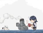  2girls abyssal_ship ahoge black_hair black_sailor_collar black_skirt commentary_request fanning grilling hand_fan kantai_collection long_hair machinery multiple_girls northern_little_sister paper_fan pleated_skirt saiguchi_otoufu sailor_collar school_uniform serafuku skirt smoke smokestack squatting uchiwa ushio_(kancolle) water white_hair 