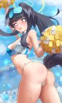  1girl absurdres animal_ears ass bangs bare_shoulders black_hair blue_archive blush breasts cheerleader confetti crop_top dog_ears dog_girl dog_tail eyewear_on_head from_behind halo hibiki_(blue_archive) hibiki_(cheerleader)_(blue_archive) highleg highres holding holding_pom_poms jixo_(user_nzhc8728) long_hair looking_at_viewer looking_back multicolored_hair no_pants o-ring o-ring_bottom o-ring_panties o_o open_mouth outdoors panties pom_pom_(cheerleading) ponytail solo sunglasses sweat tail thighs thong underwear white_panties 