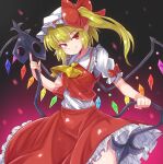  ascot back_bow blonde_hair bow collared_shirt crystal flandre_scarlet frilled_shirt_collar frilled_skirt frilled_sleeves frills hat hat_ribbon highres laevatein_(tail) laevatein_(touhou) medium_hair mob_cap norori one_side_up puffy_short_sleeves puffy_sleeves red_ribbon red_skirt red_vest ribbon shirt short_sleeves skirt skirt_set slit_pupils tail touhou vest white_bow white_headwear white_shirt wings wrist_cuffs yellow_ascot 