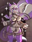  3:4 anthro breasts butt buttplug chain chastity_belt chastity_bra chastity_device dagger dungeons_and_dragons female hair hasbro hi_res holding_dagger holding_object horn hyattlen kobold melee_weapon nicoya open_mouth plug_(sex_toy) purple_body purple_scales scales scalie sex_toy shield smile solo standing weapon white_hair wizards_of_the_coast 