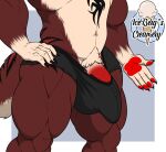  1ceberg anthro balls biceps bottomwear bulge canid canid_demon canine canis clothing demon erection fur genitals hellhound humanoid_genitalia male mammal muscular muscular_anthro muscular_male penis simple_background solo standing stripes torn_clothing underwear 