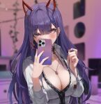  1girl akuma_nihmune bangs black_necktie blunt_bangs blurry blurry_background blush breast_squeeze breasts choker cleavage commentary cropped demon_horns earrings fake_horns grey_choker highres holding holding_phone horns huge_breasts indie_virtual_youtuber indoors jewelry long_hair looking_at_viewer maenoo necklace necktie phone pink_nails purple_eyes purple_hair selfie shirt solo standing symbol-only_commentary upper_body virtual_youtuber white_shirt 
