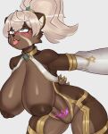  absurd_res accessory anthro breasts brown_body brown_fur felid female fur genitals hair_accessory hair_tie hi_res kitana_(unhappy_raccoon) mammal nipples pantherine pussy solo tongue tongue_out tozamtr unhappy_raccoon womb_tattoo 