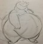  2019 alligator alligatorid anthro belly big_belly crocodilian fangs hand_on_stomach hi_res male navel nude obese obese_anthro obese_male overweight overweight_anthro overweight_male praceph reptile scalie smile solo standing wide_eyed 