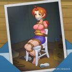  1girl ahoge artist_name bare_legs barefoot blue_skirt bound brown_eyes brown_hair covered_mouth delia_ketchum indoors kidnapped long_hair looking_at_viewer ninja-gokko on_chair pink_shirt pokemon pokemon_(anime) restrained shirt shoes shoes_removed sitting skirt solo tape tears tied_up_(nonsexual) 