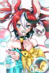  1girl absurdres animal_ears asymmetrical_sleeves blue_eyes bubble bubble_blowing collar dice_hair_ornament hair_ornament hakos_baelz highres hololive hololive_english mouse_ears mouse_girl multicolored_hair red_hair spiked_collar spikes streaked_hair terra_bose twintails virtual_youtuber 