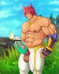  1boy abs absurdres animal_ears armpit_hair armpits bar_censor bara biceps blurry blurry_background bush censored chest_hair cloud cloudy_sky coco342 erection fingerless_gloves gauntlets gloves grass highres huge_penis jewelry large_pectorals league_of_legends male_focus manly mature_male muscular muscular_male navel navel_hair necklace nipple_piercing nipples outdoors pants pectorals penis piercing pubic_hair red_hair scar scar_on_face scar_on_nose sett_(league_of_legends) sky slime_(substance) solo spiked_hair sunlight sweat sweatdrop teeth testicles thick_arms thick_eyebrows thick_thighs thighs tight veins veiny_arms veiny_penis yellow_eyes 