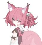  animal_ear_fluff animal_ears arknights bangs blush closed_mouth fox_ears fox_girl fox_tail from_side hair_between_eyes highres looking_at_viewer looking_to_the_side red_eyes red_hair sanma_(tabet_) shamare_(arknights) shirt simple_background sweat tail torn_clothes torn_shirt twintails white_background white_shirt 