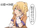  1girl blonde_hair brown_shirt commentary_request frown green_eyes head_rest mizuhashi_parsee partial_commentary shirt short_ponytail solo suwaneko table thought_bubble touhou translated upper_body 