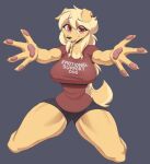  anthro big_breasts bird_dog blonde_hair bottomwear breasts canid canine canis clothed clothing cooliehigh domestic_dog female floppy_ears fur hair hi_res hunting_dog kneeling looking_at_viewer mammal open_mouth pawpads retriever shirt shorts solo t-shirt tan_body tan_fur topwear 