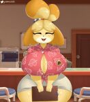  2022 animal_crossing animated anthro big_breasts black_nose breasts calendar canid canine canis clipboard clothed clothing domestic_dog door evenesko.d.fox_(artist) eyebrows eyes_closed female fingers front_view gammainks holding_object huge_breasts isabelle_(animal_crossing) mammal nintendo open_mouth shih_tzu short_playtime solo toy_dog video_games 