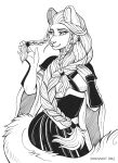  2022 5_fingers anthro braided_hair clothing dress dungeons_and_dragons felid female fingers fur hair hasbro hi_res humanoid_hands inner_ear_fluff mammal monochrome signature sketch smile snowsnow11 solo tabaxi tuft wizards_of_the_coast xue_samtpfote 