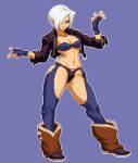  1girl angel_(kof) bangs black_jacket boots bra breasts chaps cowboy_boots cropped_jacket english_commentary fingerless_gloves gloves hair_over_one_eye jacket large_breasts leather leather_jacket nicotinefist open_clothes open_jacket pixel_art snk solo strapless strapless_bra the_king_of_fighters the_king_of_fighters_2001 toned underwear unzipped zipper 