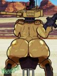  3:4 absurd_res anthro big_breasts big_butt breasts butt butt_focus desert female gun hi_res huge_butt humanoid light_butt living_machine living_tank living_vehicle long_neck long_tail machine mantrinrus non-mammal_breasts nude overweight ranged_weapon side_boob solo t-72 tank thick_thighs track vehicle weapon wide_hips 
