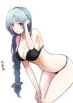  1girl absurdres bangs black_bra black_panties bra braid breasts brown_eyes cleavage grey_hair hand_in_own_hair highres large_breasts leaning_forward long_hair looking_at_viewer navel panties parted_bangs simple_background single_braid solo touhou underwear white_background yagokoro_eirin yagoro_kusuriya 