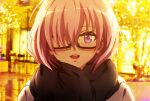  1girl fate/grand_order fate_(series) glasses hair_over_one_eye light_purple_hair mash_kyrielight omaaruebi_no_rizotto open_mouth portrait purple_eyes road scarf short_hair solo street sweater 
