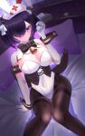  1girl alternate_costume animal_ears azur_lane bell black_bow bow breasts cleavage cross-laced_clothes detached_collar elbow_gloves fake_animal_ears feet_out_of_frame gloves hair_over_one_eye hat highres indoors jervis_(azur_lane) large_breasts leotard looking_at_viewer nontraditional_playboy_bunny nurse_cap oppai_loli pantyhose pillow playboy_bunny purple_eyes purple_hair rabbit_ears short_hair sitting solo tako-san_wiener_(takosanuma) thighband_pantyhose underbust white_gloves white_leotard wrist_cuffs 