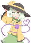  1girl :3 arm_up bangs black_headwear blouse blush bow buttons closed_mouth cowboy_shot diamond_button eyeball frilled_shirt_collar frilled_skirt frilled_sleeves frills green_skirt hair_between_eyes hat hat_bow hat_ribbon heart heart_of_string highres komeiji_koishi light_green_hair long_sleeves looking_at_viewer medium_hair nihohohi ribbon shirt simple_background skirt sleeves_past_wrists solo third_eye touhou wavy_hair white_background wide_sleeves yellow_bow yellow_ribbon yellow_shirt 