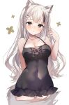  1girl animal_ear_fluff animal_ears black_dress blush bonono breasts cat_ears cat_girl cat_tail cleavage closed_mouth dress grey_eyes highres large_breasts long_hair looking_at_viewer navel original revision sleeveless sleeveless_dress solo tail white_background white_hair 