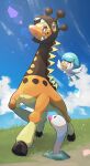  :d absurdres bright_pupils cloud day farigiraf flying full_body grass happy highres no_humans nullma open_mouth outdoors pokemon pokemon_(creature) pokemon_(game) pokemon_sv quaxly sharp_teeth smile standing teeth white_pupils wiglett 