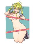  1girl :d ahoge blush boku_no_hero_academia boots border breasts caution_tape english_text eyelashes gloves green_eyes green_hair grey_footwear grey_gloves hagakure_tooru hair_between_eyes hands_up highres jumping keep_out looking_at_viewer medium_breasts medium_hair messy_hair multicolored_eyes navel nude poliwiloq purple_eyes smile solo thighs unusually_visible v white_border 