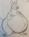  2019 anthro belly big_belly claws fur hand_on_stomach hi_res kangaroo kygen_(kygen) looking_down looking_down_at_self looking_down_at_stomach macropod male mammal marsupial nude obese obese_anthro obese_male overweight overweight_anthro overweight_male praceph solo standing toe_claws wide_eyed 