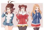  3girls bad_id bad_twitter_id blonde_hair blue_eyes blush brown_hair calem_(pokemon) calem_(pokemon)_(cosplay) cheren_(pokemon) cheren_(pokemon)_(cosplay) clenched_hands cosplay cowboy_shot denim denim_shorts double_bun glasses grey_eyes hair_bun hilda_(pokemon) hugh_(pokemon) hugh_(pokemon)_(cosplay) jacket looking_at_viewer multiple_girls pokemon pokemon_(game) pokemon_bw pokemon_bw2 pokemon_xy rosa_(pokemon) serena_(pokemon) shorts smile thighhighs twitter_username yairo_(sik_s4) 