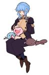  1girl 3others alternate_color black_eyes blue_hair boots do_m_kaeru fire_emblem fire_emblem:_three_houses garreg_mach_monastery_uniform marianne_von_edmund multiple_others paldean_wooper pokemon pokemon_(creature) shiny_pokemon white_background wooper 